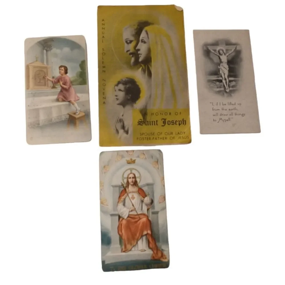 4 Vtg Catholic Prayer Cards Lot St Joseph Sacred Heart Jesus Crucifix Lithograph